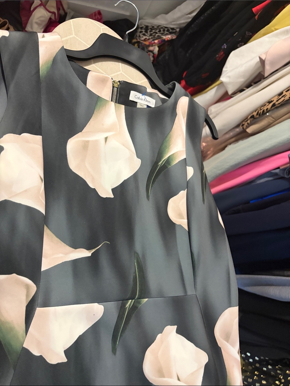 Calvin Klein Gray Floral Midi Dress with White Blooms